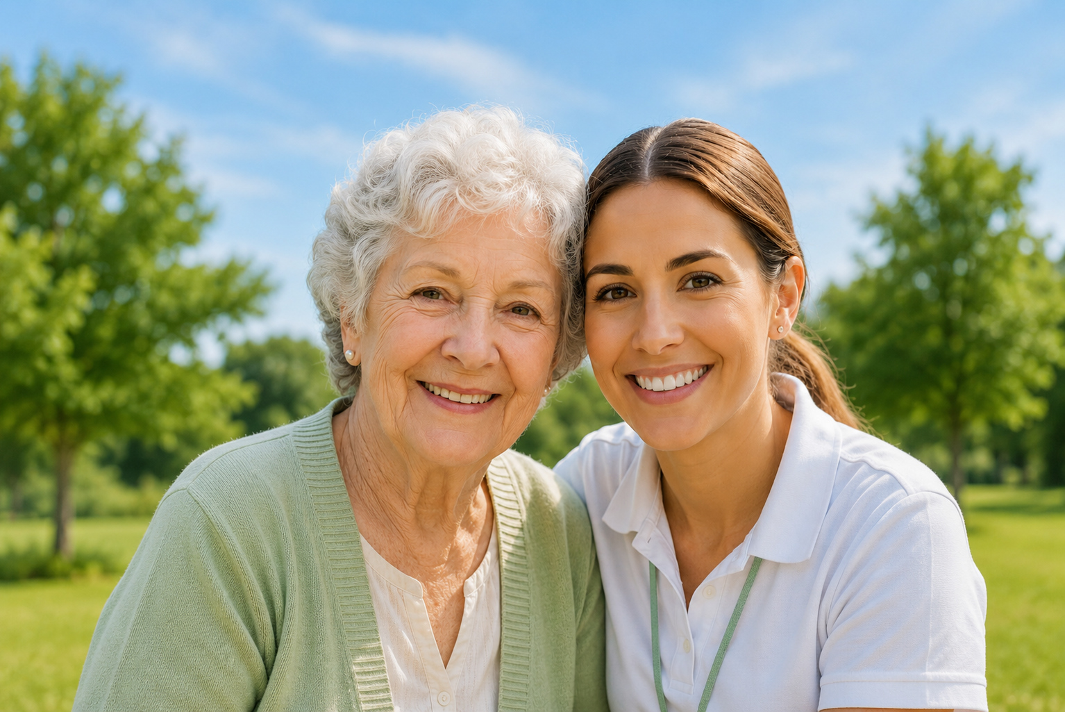 An older adult and a support worker smiling together