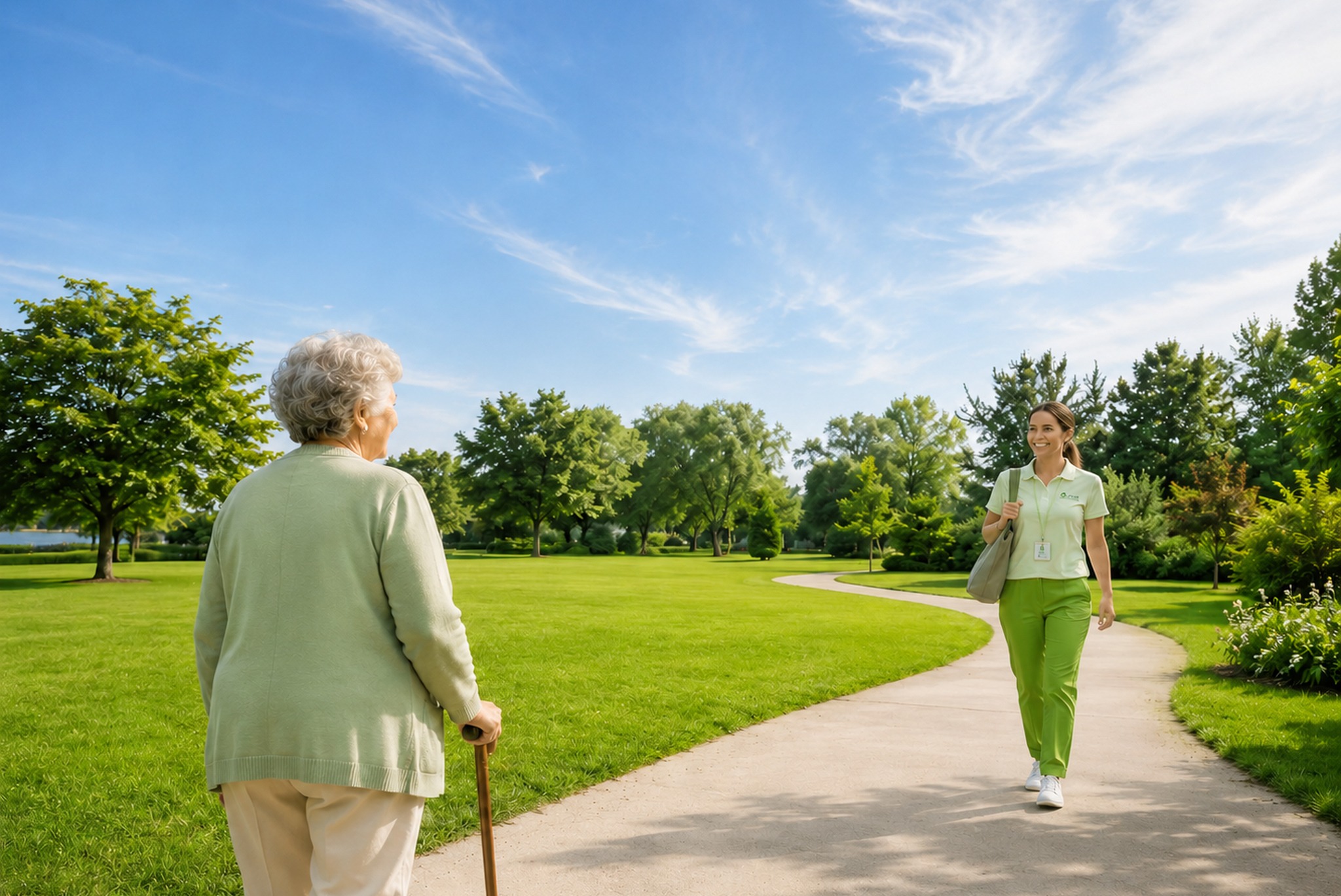 An older adult and a support worker walking together in a park